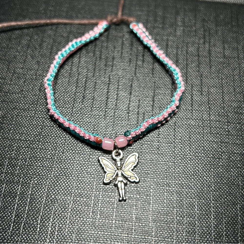 Handcrafted Light Pink and Turquoise Bead Square Knot Bracelet with Fairy Charm